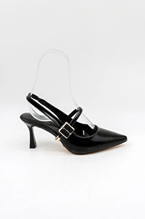 Park Moda Arkası Açık Taşlı Kısa Topuklu Kemerli Kadın Ayakkabı PM439 Siyah