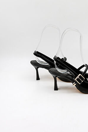 Park Moda Arkası Açık Taşlı Kısa Topuklu Kemerli Kadın Ayakkabı PM439 Siyah