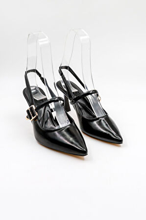 Park Moda Arkası Açık Taşlı Kısa Topuklu Kemerli Kadın Ayakkabı PM439 Siyah