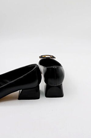 Park Moda Tokalı Sivri Burun Kısa Topuklu Kadın Babet Ayakkabı PM483 Siyah Cilt