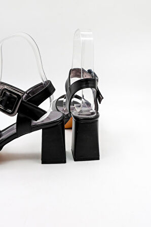 Park Moda Kalın Topuklu Kemer Detaylı Kadın Ayakkabı PM08 Siyah Cilt