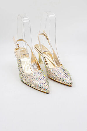 Park Moda Arkası Açık Taşlı Kısa Topuklu Kadın Ayakkabı PM439 Altın