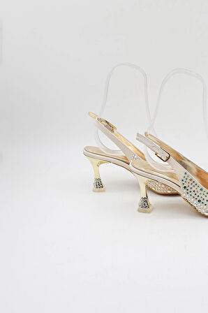 Park Moda Arkası Açık Taşlı Kısa Topuklu Kadın Ayakkabı PM439 Altın