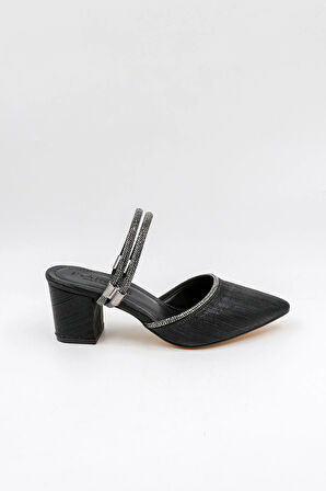 Park Moda Arkası Açık Taş Detaylı Kadın Ayakkabı PM309 Siyah Simli