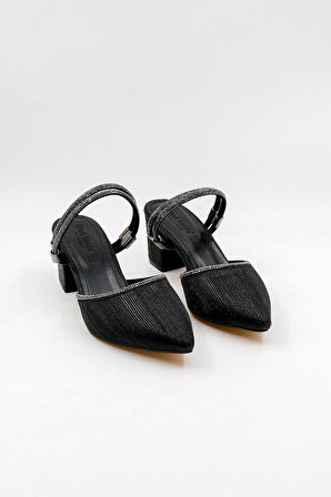 Park Moda Arkası Açık Taş Detaylı Kadın Ayakkabı PM309 Siyah Simli