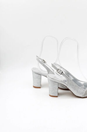 Park Moda Taşlı Kısa Kısa Topuklu Abiye Kadın Ayakkabı PM172 Gümüş Çizgili