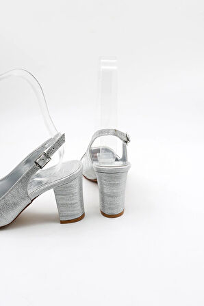 Park Moda Taşlı Kısa Kısa Topuklu Abiye Kadın Ayakkabı PM172 Gümüş Çizgili