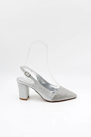 Park Moda Taşlı Kısa Kısa Topuklu Abiye Kadın Ayakkabı PM172 Gümüş Çizgili