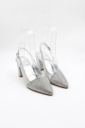 Park Moda Taşlı Kısa Kısa Topuklu Abiye Kadın Ayakkabı PM172 Gümüş Çizgili