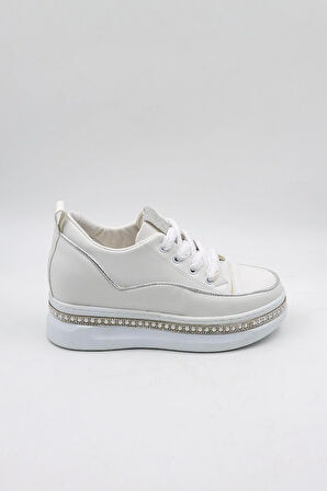 Park Moda Gizli Topuk Bağcıklı Spor Ayakkabı PM128 Beyaz Gümüş