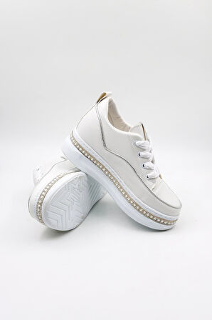 Park Moda Gizli Topuk Bağcıklı Spor Ayakkabı PM128 Beyaz Gümüş