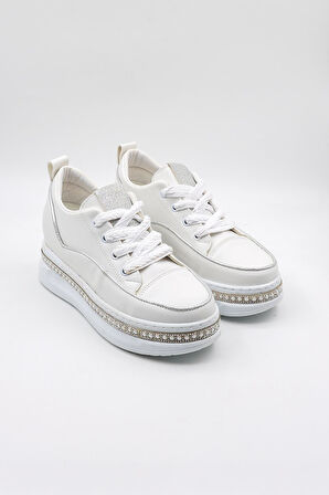 Park Moda Gizli Topuk Bağcıklı Spor Ayakkabı PM128 Beyaz Gümüş