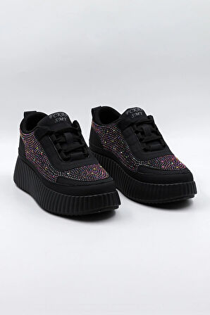 Kriste Bell Dolgu Topuk Taşlı Kadın Spor Ayakkabı KB0005 Siyah
