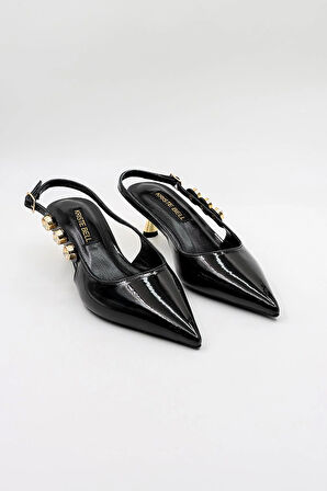 Kriste Bell Kadın Tokalı Taş Detaylı Klasik Topuklu Ayakkabı KB50305030 Siyah Rugan