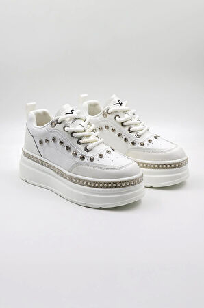 Kriste Bell İthal Single Taşlı Model Kadın Sneakers Spor Ayakkabı KB0051 Beyaz
