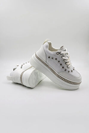 Kriste Bell İthal Single Taşlı Model Kadın Sneakers Spor Ayakkabı KB0051 Beyaz