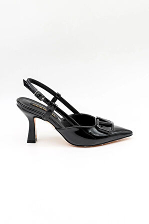 Kriste Bell Kısa Topuk Tokalı Arkası Açık Stiletto KB6231 Siyah Rugan