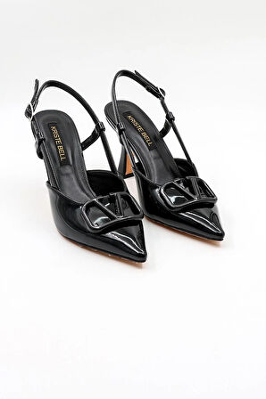 Kriste Bell Kısa Topuk Tokalı Arkası Açık Stiletto KB6231 Siyah Rugan