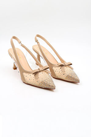 Kriste Bell Kısa Topuk Arkası Açık Taşlı Fiyonk Detaylı Stiletto KB252 Bej