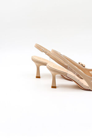 Kriste Bell Kısa Topuk Arkası Açık Taşlı Fiyonk Detaylı Stiletto KB252 Bej