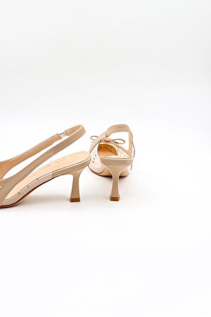 Kriste Bell Kısa Topuk Arkası Açık Taşlı Fiyonk Detaylı Stiletto KB252 Bej