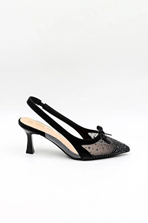 Kriste Bell Kısa Topuk Arkası Açık Taşlı Fiyonk Detaylı Stiletto KB252 Siyah