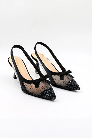 Kriste Bell Kısa Topuk Arkası Açık Taşlı Fiyonk Detaylı Stiletto KB252 Siyah
