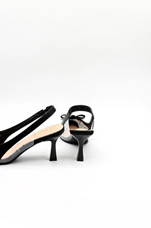 Kriste Bell Kısa Topuk Arkası Açık Taşlı Fiyonk Detaylı Stiletto KB252 Siyah