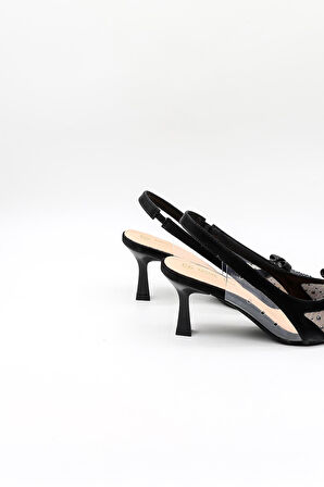 Kriste Bell Kısa Topuk Arkası Açık Taşlı Fiyonk Detaylı Stiletto KB252 Siyah