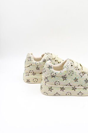 Guja İthal Taş Detaylı Bağcıklı Sneakers Kadın Spor Ayakkabı GJ451 Bej