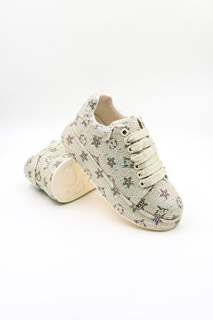 Guja İthal Taş Detaylı Bağcıklı Sneakers Kadın Spor Ayakkabı GJ451 Bej