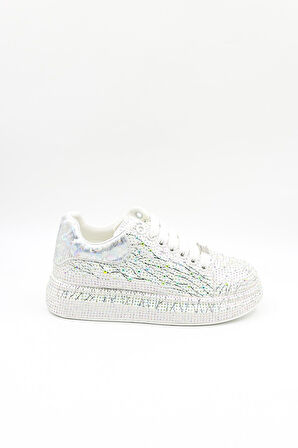 Guja İthal Taş Detaylı Bağcıklı Sneakers Kadın Spor Ayakkabı GJ451 Beyaz