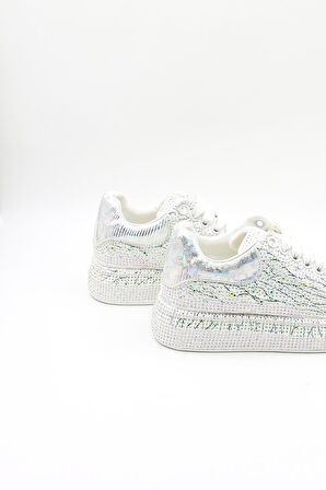 Guja İthal Taş Detaylı Bağcıklı Sneakers Kadın Spor Ayakkabı GJ451 Beyaz