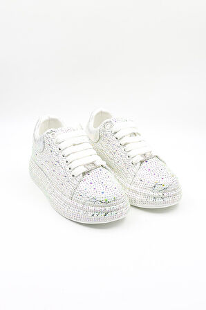 Guja İthal Taş Detaylı Bağcıklı Sneakers Kadın Spor Ayakkabı GJ451 Beyaz