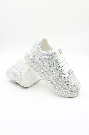 Guja İthal Taş Detaylı Bağcıklı Sneakers Kadın Spor Ayakkabı GJ451 Beyaz