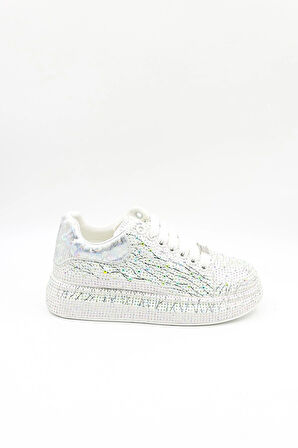 Guja İthal Taş Detaylı Bağcıklı Sneakers Kadın Spor Ayakkabı GJ451 Beyaz