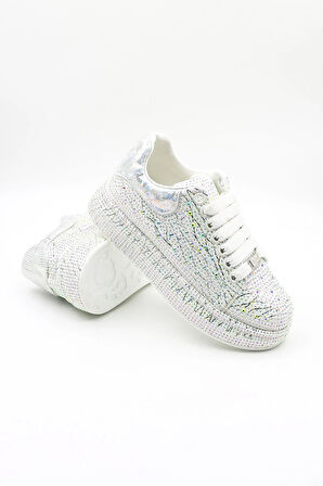 Guja İthal Taş Detaylı Bağcıklı Sneakers Kadın Spor Ayakkabı GJ451 Beyaz