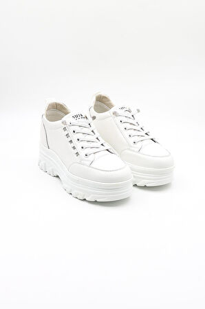 Guja İthal Dolgu Topuk Taş Detaylı Sneakers Kadın Spor Ayakkabı GJ361 Beyaz