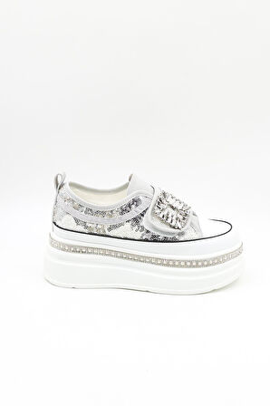 Guja İthak Özel Seri Taban Taş Detaylı Pullu Cırtlı Kadın Spor Ayakkabı GJ423 Gri