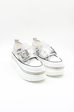 Guja İthak Özel Seri Taban Taş Detaylı Pullu Cırtlı Kadın Spor Ayakkabı GJ423 Gri