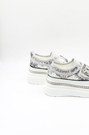 Guja İthak Özel Seri Taban Taş Detaylı Pullu Cırtlı Kadın Spor Ayakkabı GJ423 Gri