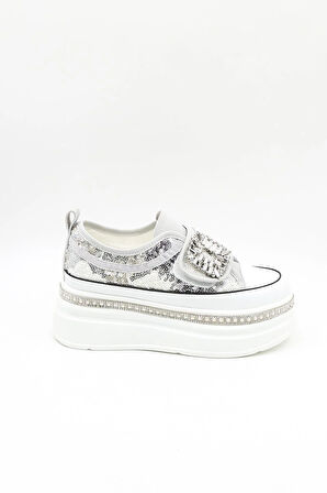 Guja İthak Özel Seri Taban Taş Detaylı Pullu Cırtlı Kadın Spor Ayakkabı GJ423 Gri