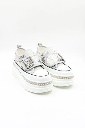 Guja İthak Özel Seri Taban Taş Detaylı Pullu Cırtlı Kadın Spor Ayakkabı GJ423 Gri