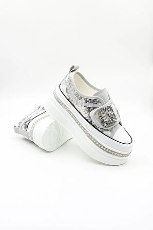 Guja İthak Özel Seri Taban Taş Detaylı Pullu Cırtlı Kadın Spor Ayakkabı GJ423 Gri