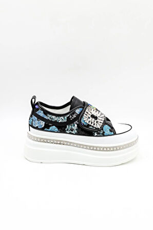 Guja İthak Özel Seri Taban Taş Detaylı Pullu Cırtlı Kadın Spor Ayakkabı GJ423 Siyah