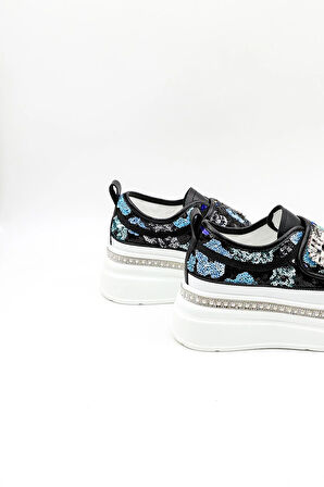 Guja İthak Özel Seri Taban Taş Detaylı Pullu Cırtlı Kadın Spor Ayakkabı GJ423 Siyah