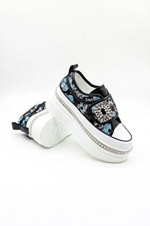 Guja İthak Özel Seri Taban Taş Detaylı Pullu Cırtlı Kadın Spor Ayakkabı GJ423 Siyah