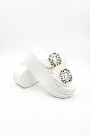 Guja Ortopedik Dolgu Topuklu Taşlı Dantelli Şık Terlik GJ405 Beyaz