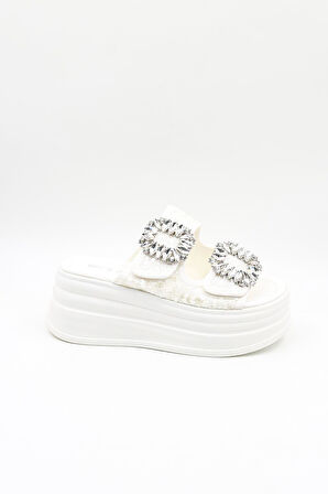 Guja Ortopedik Dolgu Topuklu Taşlı Dantelli Şık Terlik GJ405 Beyaz