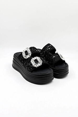 Guja Ortopedik Dolgu Topuklu Taşlı Dantelli Şık Terlik GJ405 Siyah